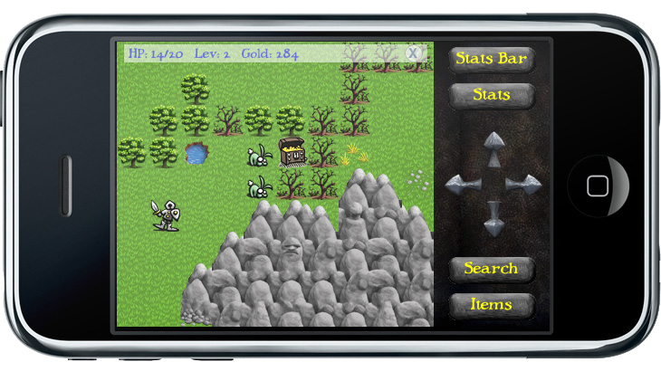 Yipe! 5 running on an iPhone, with the hero exploring a green landscape among monsters, trees, mountains, and a small building.