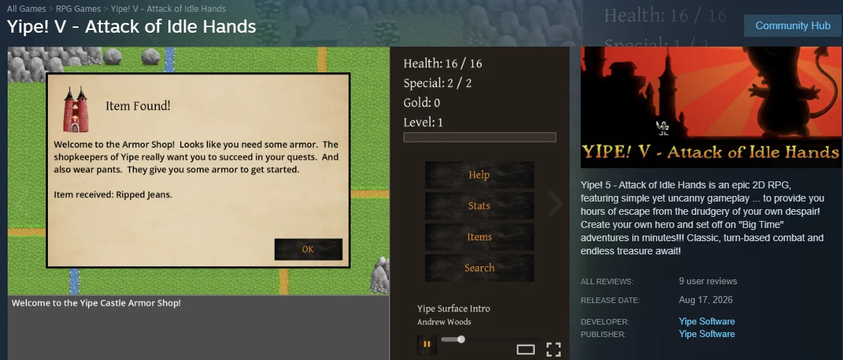 Yipe! V running through Steam in 2026, showing the game beside its Steam store information.