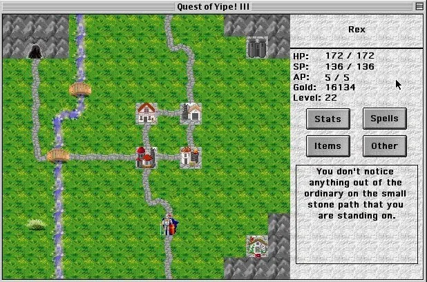 The outdoor world in an earlier Yipe game, built from functional bitmap tiles.