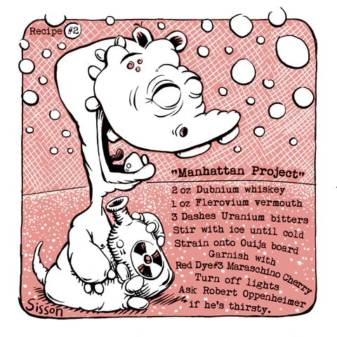 The Manhattan Project letterpress coaster, with a monster holding a radioactive cherry beside the fictional cocktail recipe.