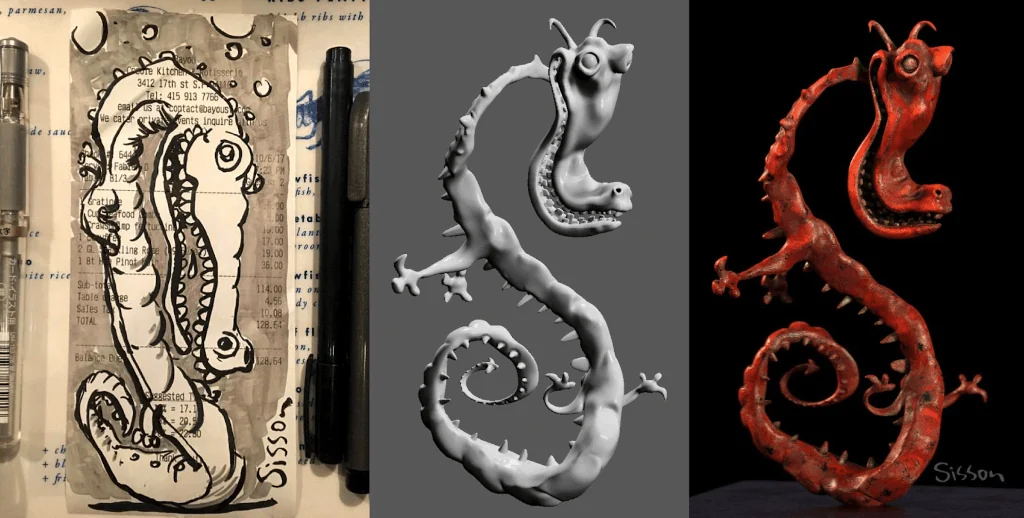 A menu drawing of a curling creature shown beside its gray VR sculpt and a red RenderMan version.