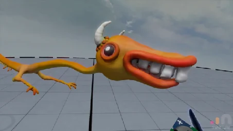 An early orange VR creature with tiny arms, uneven horns, large teeth, and a long curling tail inside Oculus Medium.