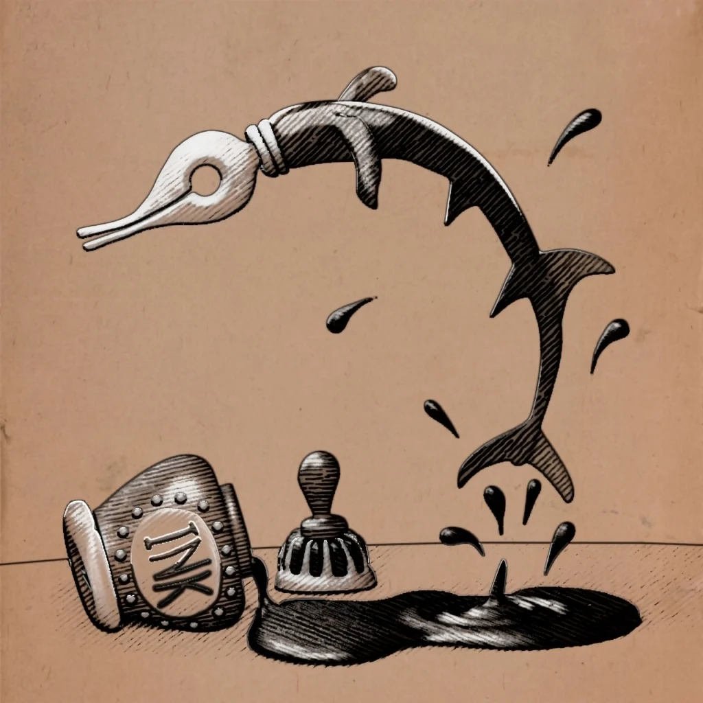 The same fish scene rendered as a loose sepia-and-black ink illustration.