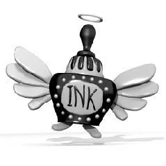 A grayscale RenderMan image of a winged ink bottle with a halo.