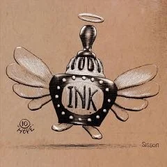 A warm sepia illustration of the same winged ink bottle, rendered with hand-drawn lines and texture.