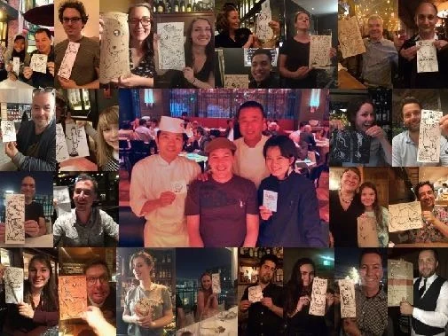 A collage of restaurant staff and friends holding menus illustrated by Dylan Sisson.