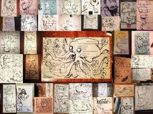 A wall-sized collage of restaurant menus covered with fast ink drawings of monsters and creatures.