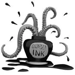 A grayscale base render of tentacles emerging from a bottle of ink.