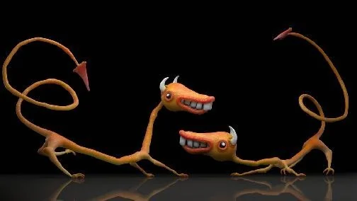 Color study of two long, handmade-looking VR creatures rendered against black.
