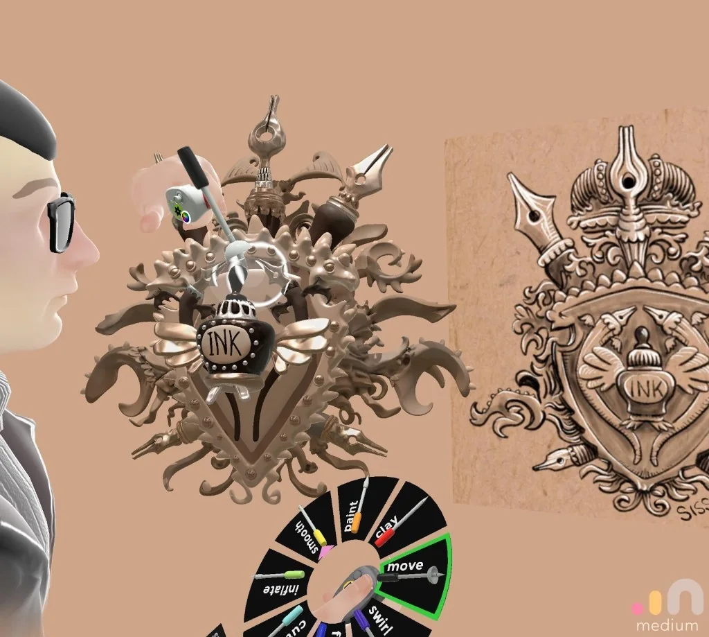 Dylan sculpting an ornate ink-themed creature in Oculus Medium, with the tool wheel in hand and a menu drawing used as reference.