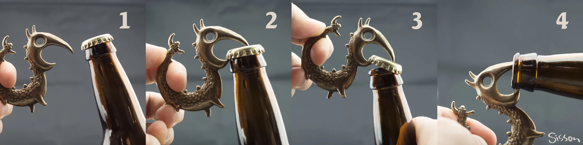 Four-step sequence showing the Dragon Opener lifting a bottle cap.