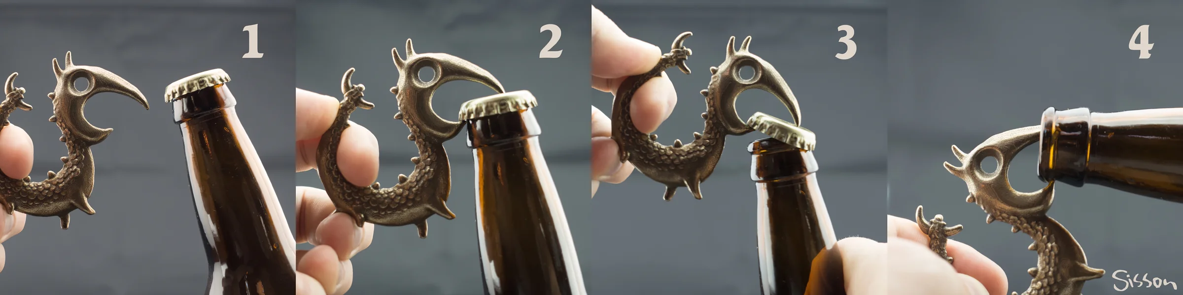 Four-step sequence showing the steel Dragon Opener prototype lifting a cap from a bottle.