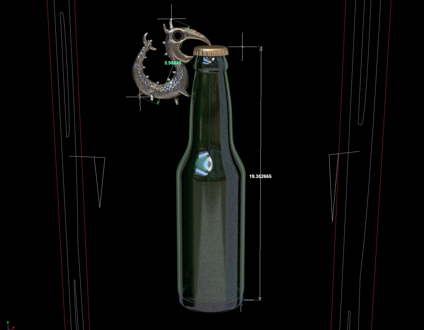 Digital sizing study showing the Dragon Opener aligned to the neck and cap of a real-world bottle model.