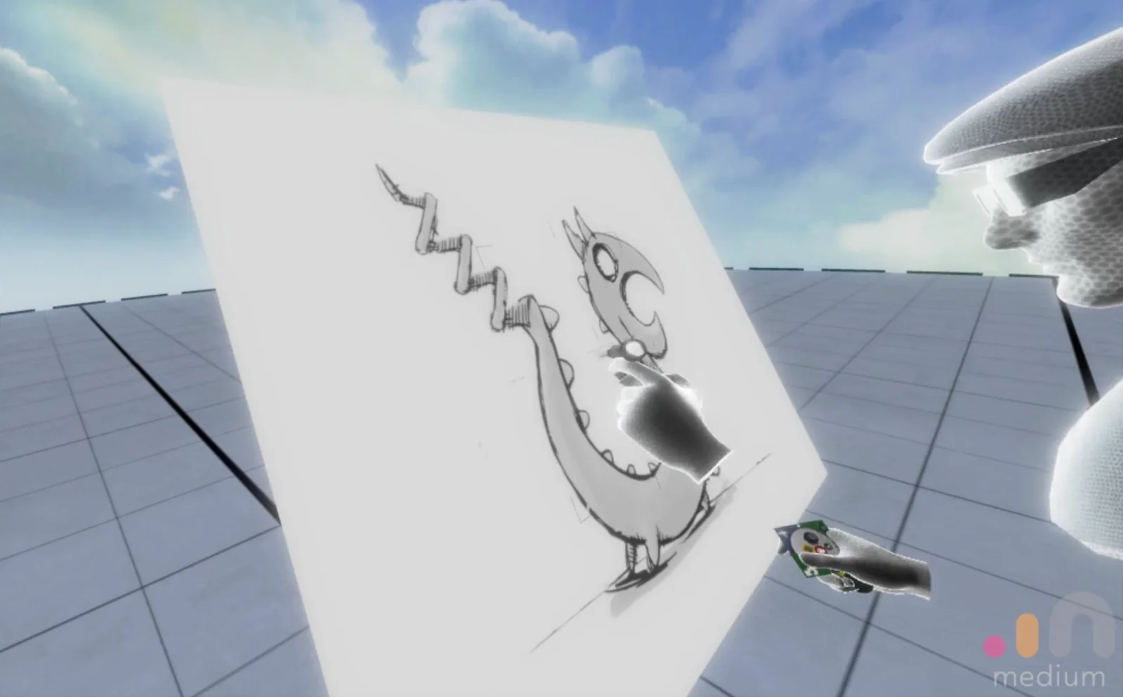 The Dragon Opener sketch positioned as a reference image inside the Adobe Medium VR workspace.