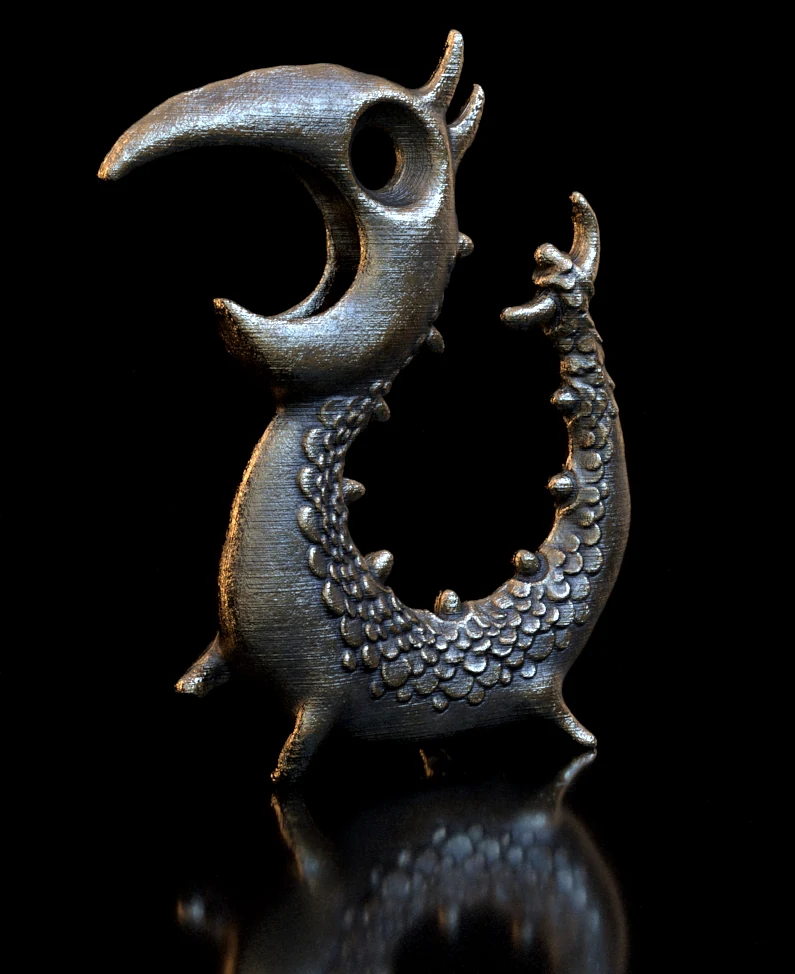 RenderMan previsualization of the dark metal Dragon Opener standing on a reflective black surface.