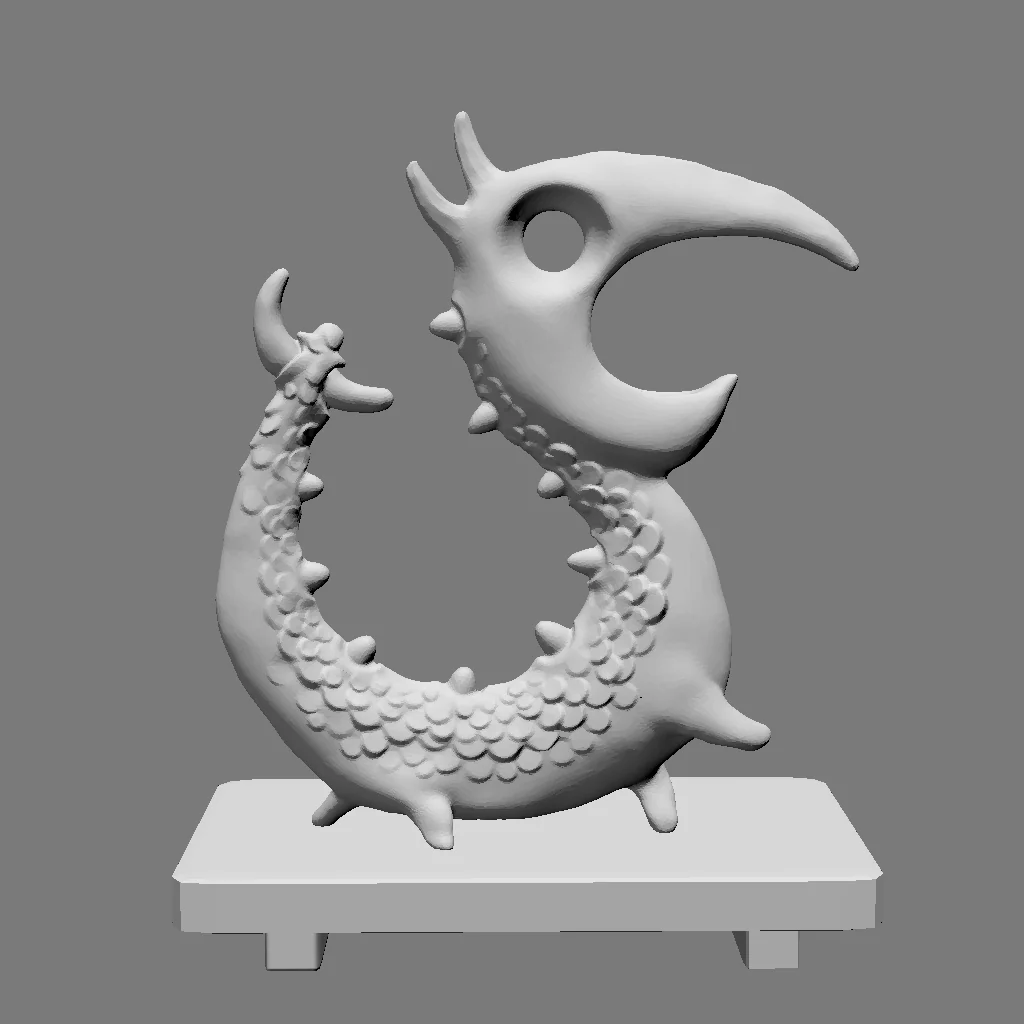 The completed pale-gray Dragon Opener VR sculpt, preserving the silhouette of the original sketch.