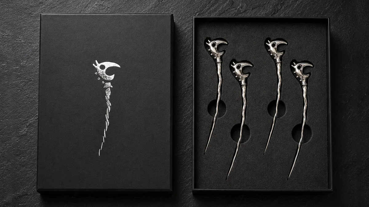 Finished black Dragon Picks presentation box open beside its lid, showing four polished picks.