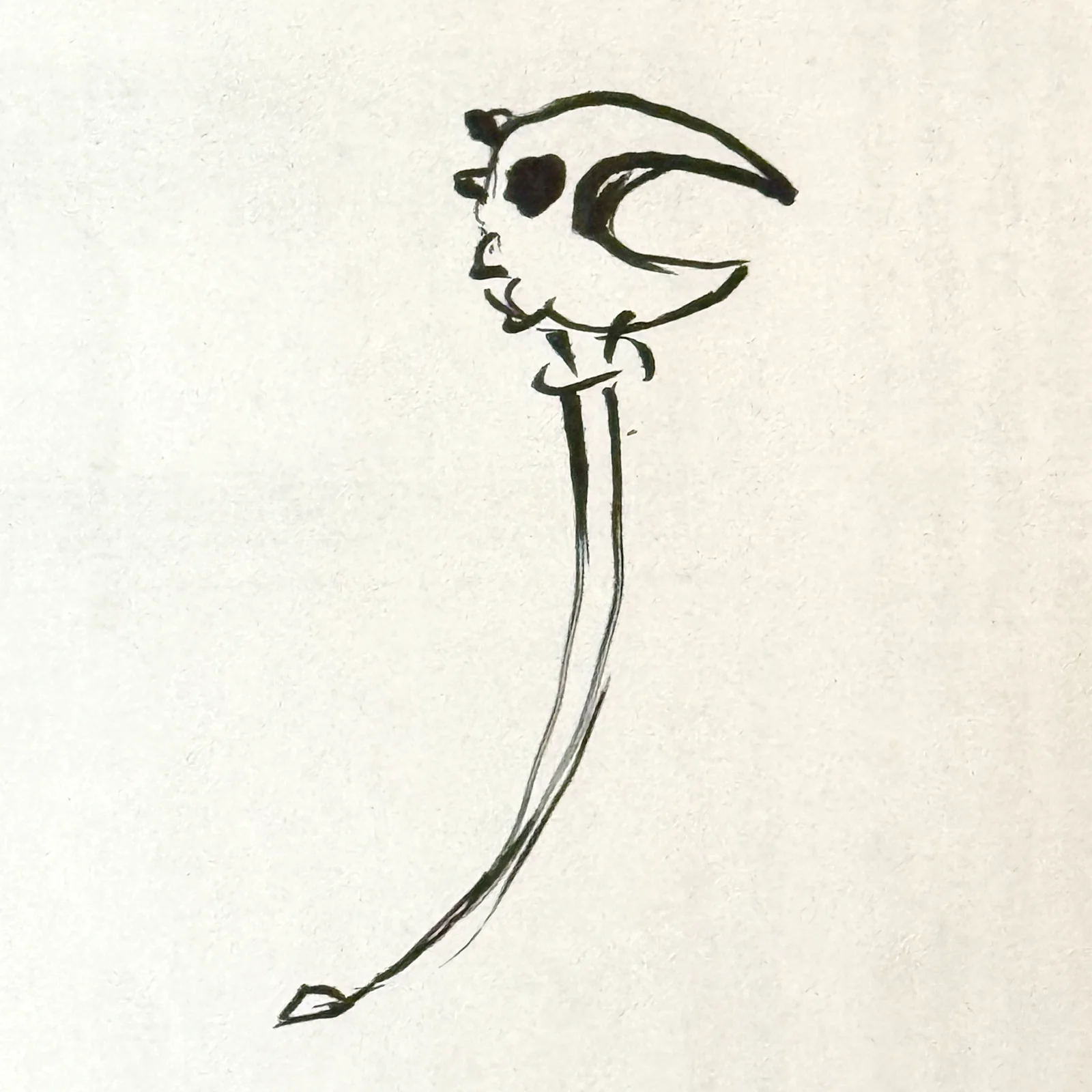 Loose black ink sketch of a dragon-headed cocktail pick on off-white paper.