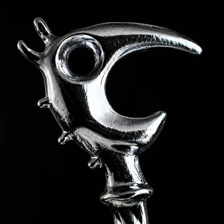 A finished chrome Dragon Pick photographed against black.