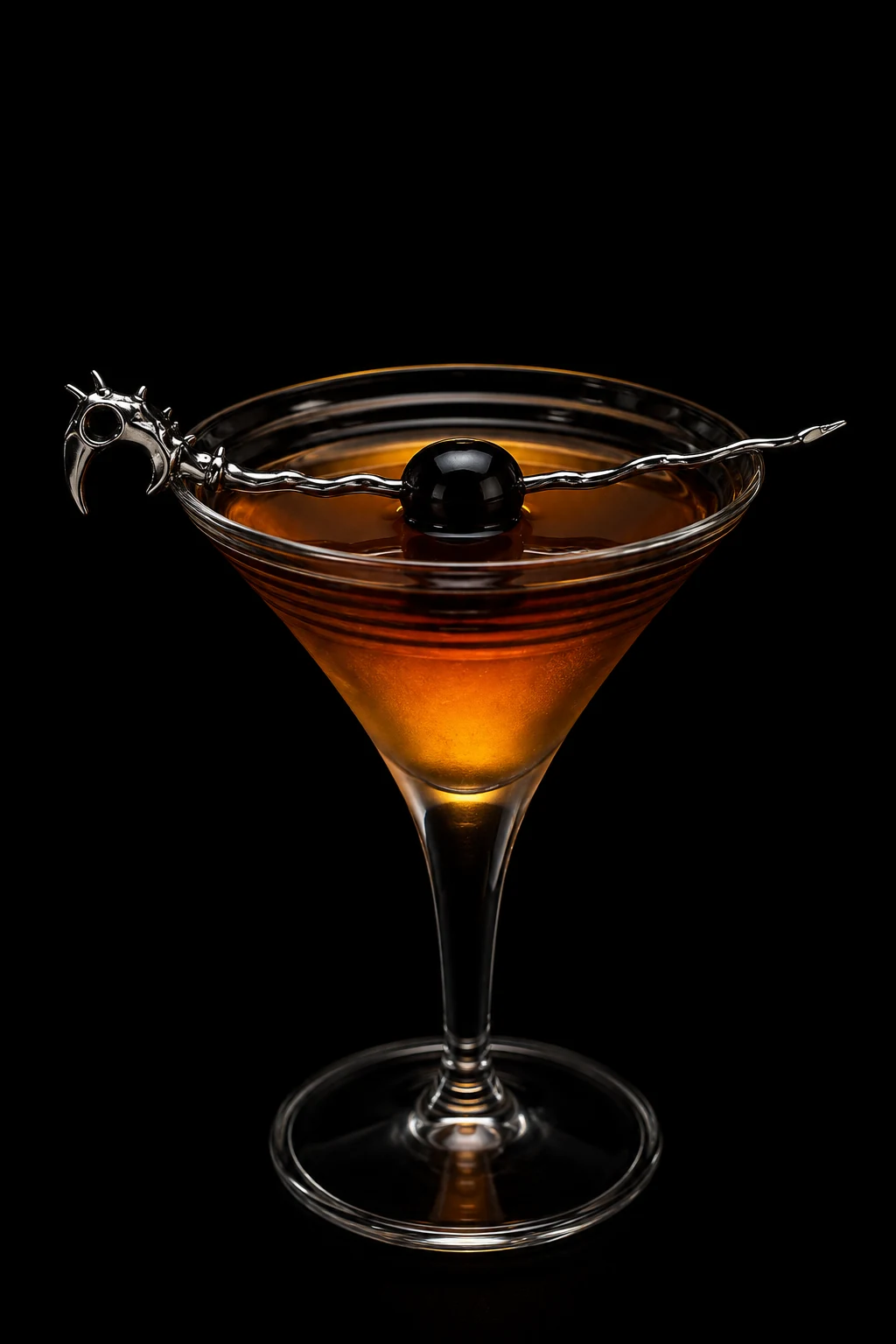 A chrome dragon pick spanning an amber cocktail against a black background.