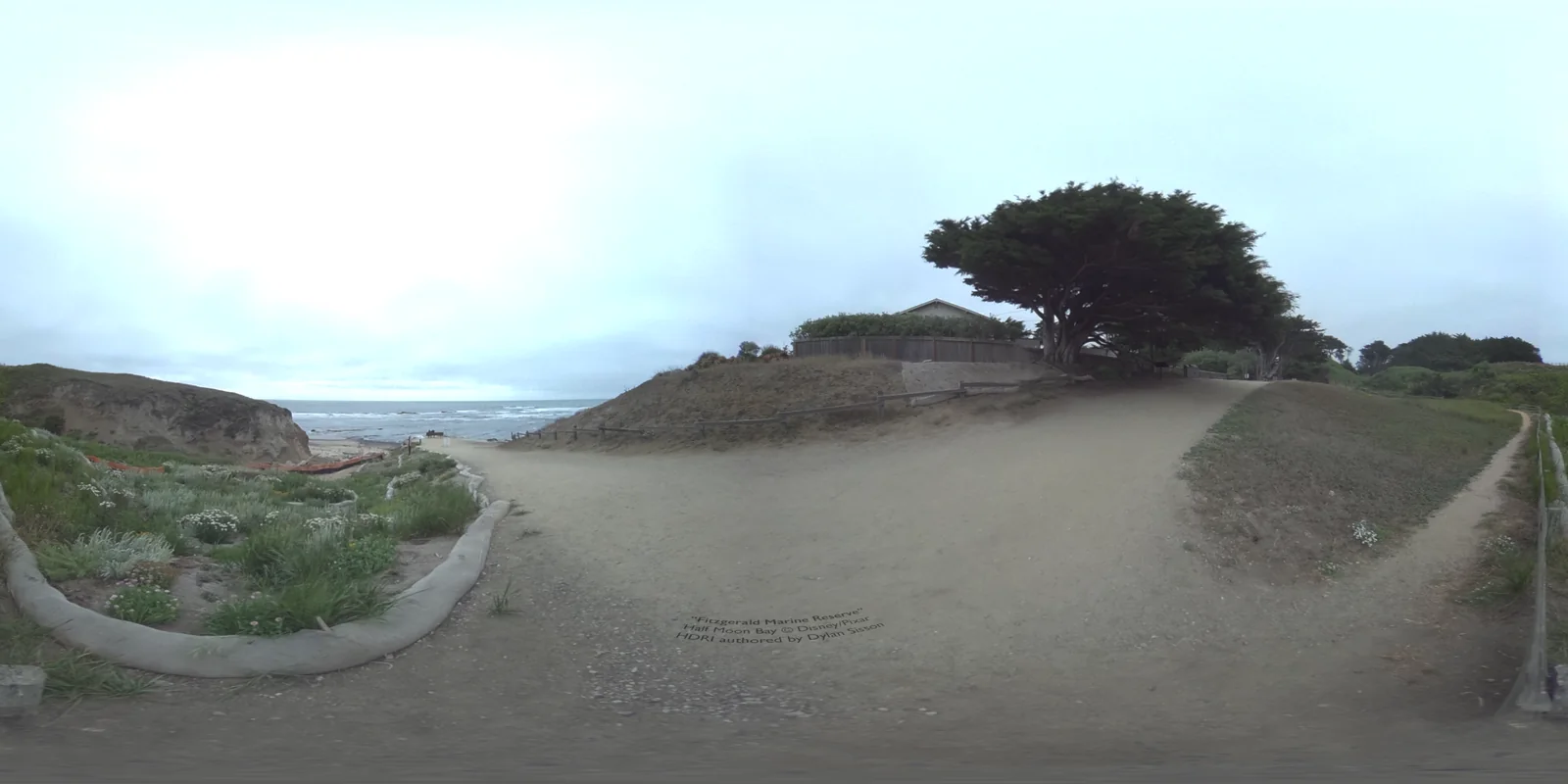 An early equirectangular HDRI captured at Fitzgerald Marine Reserve, with coastal cliffs, tide pools, and sky.