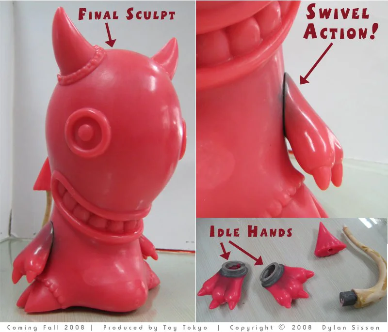 A 2008 annotated factory photograph of a pink Idle Hands vinyl test showing the final sculpt, swivel arm, and detached arm parts.
