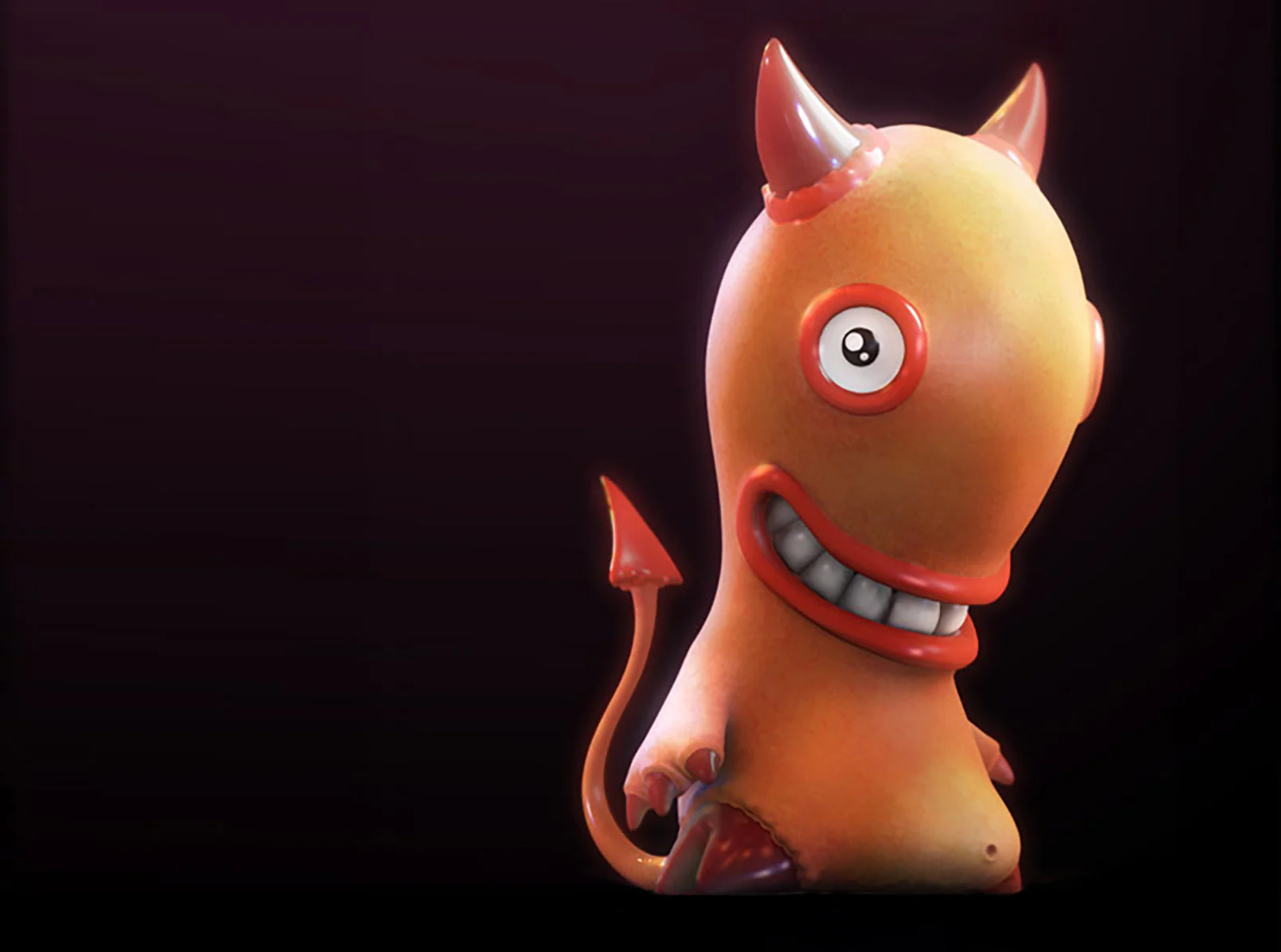 A finished orange Idle Hands render emerging from a dark burgundy background.