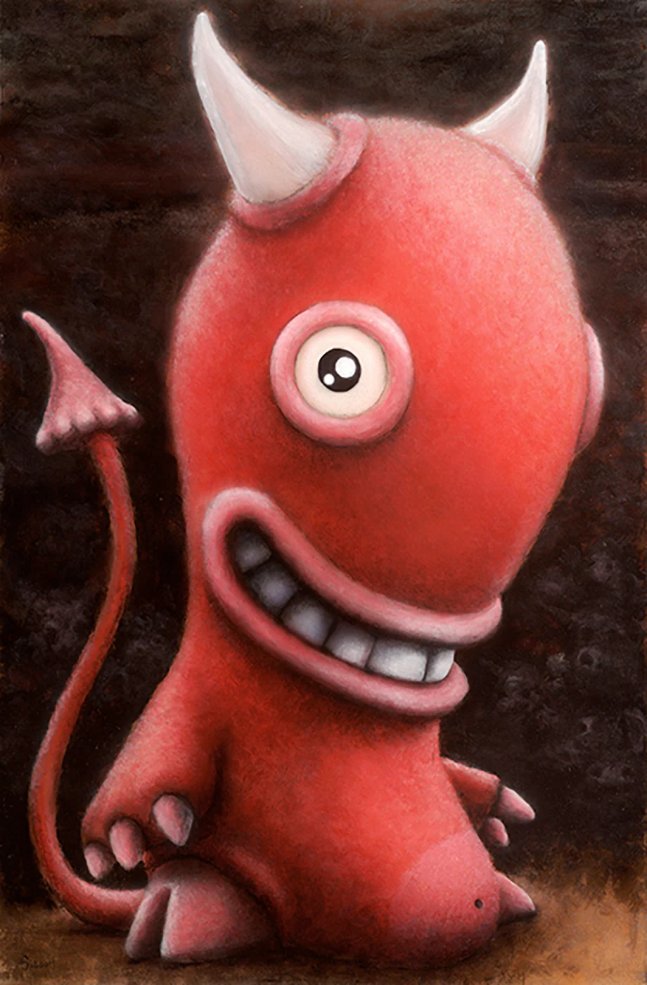 A red painting of Idle Hands against a dark textured ground.