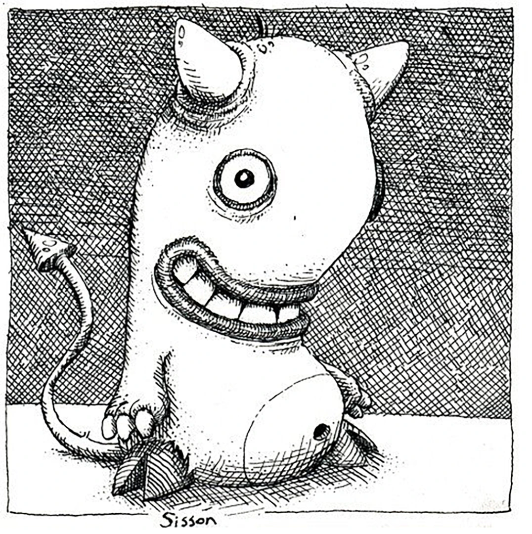 A dense black-ink drawing of the one-eyed Idle Hands character seated against a crosshatched background.