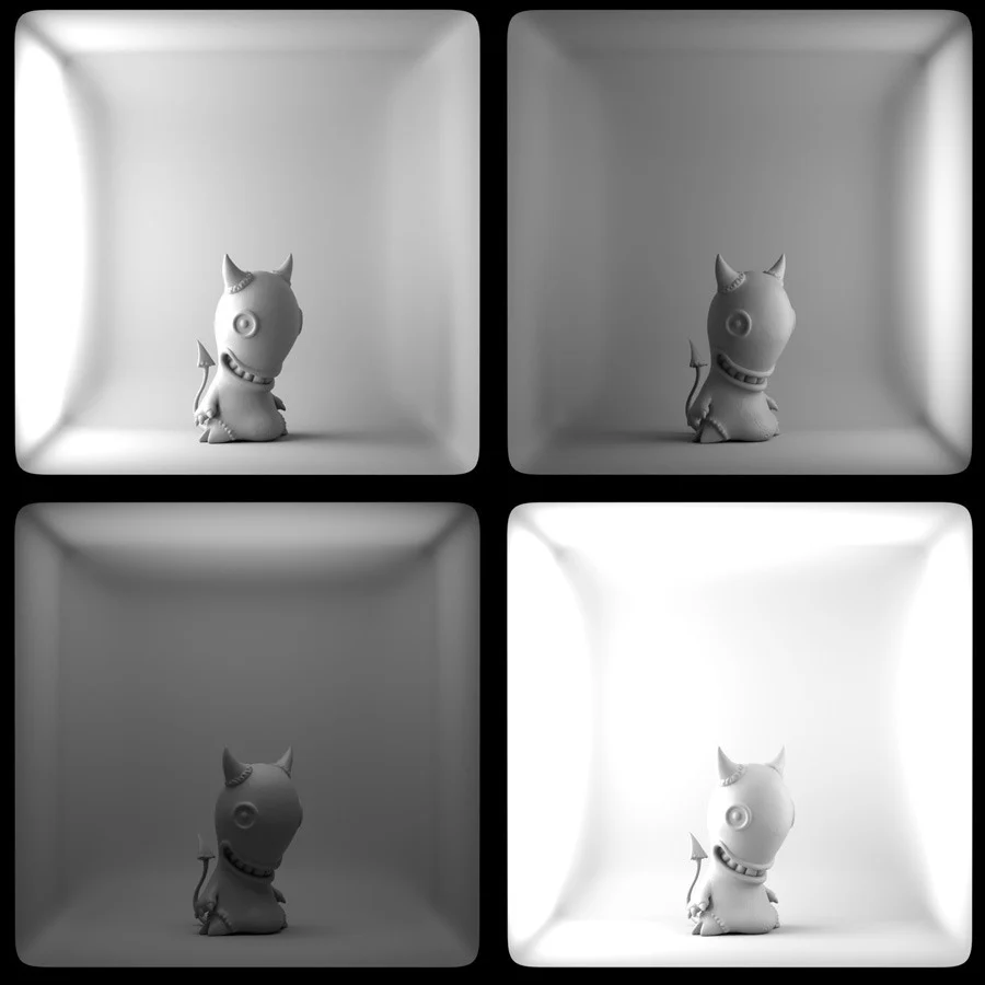 Four grayscale lighting tests of Idle Hands inside a virtual softbox with illumination coming from different directions.