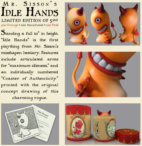 The 2008 Idle Hands product sheet, showing the orange figure from three angles, paint detail, certificate, and cylindrical packaging.