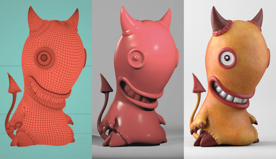 Three views of the Idle Hands model progressing from polygon wireframe to smooth digital sculpt to finished textured render.