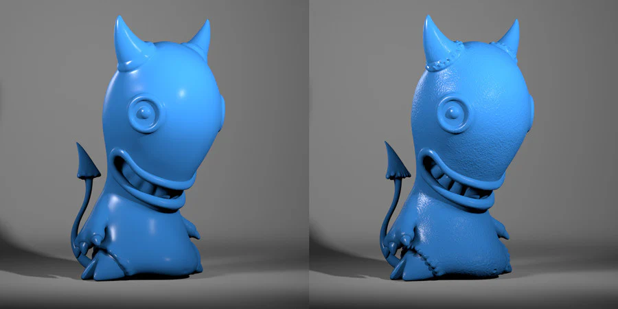 Two blue Idle Hands renders comparing a smooth model with a detailed vector-displaced surface.