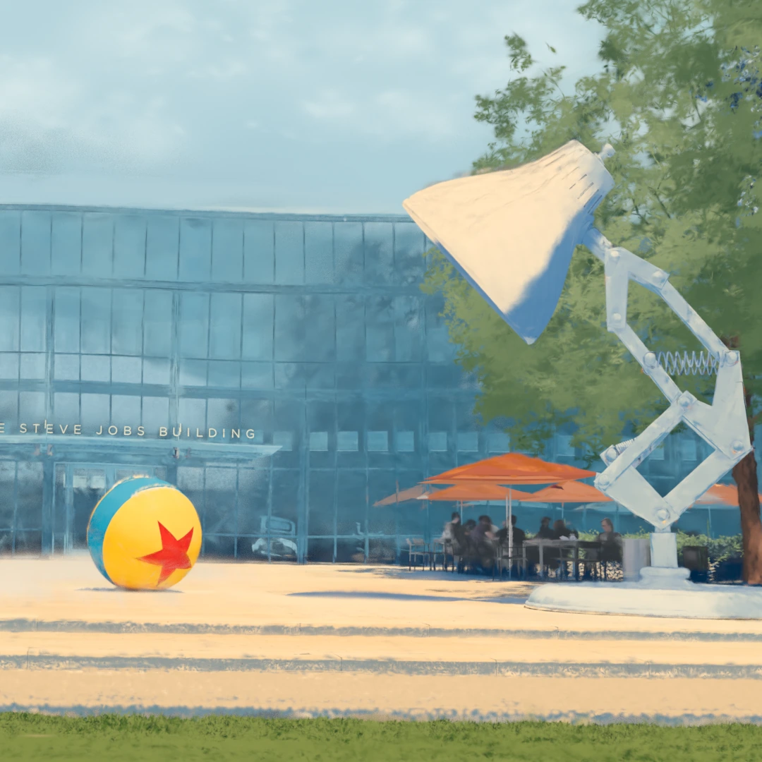 The Pixar plaza rendered as a painterly scene, with the lamp and ball outside the Steve Jobs Building.