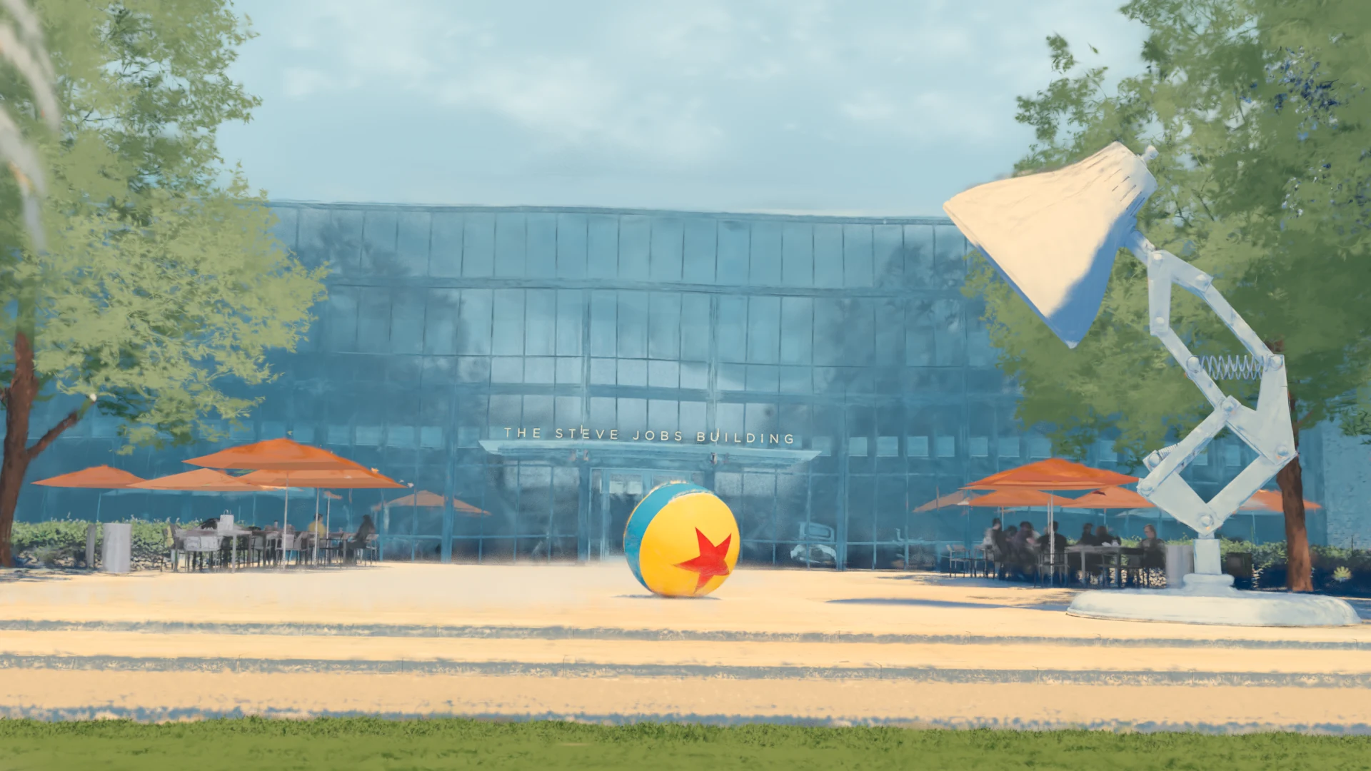 Painterly interpretation of the Pixar plaza.