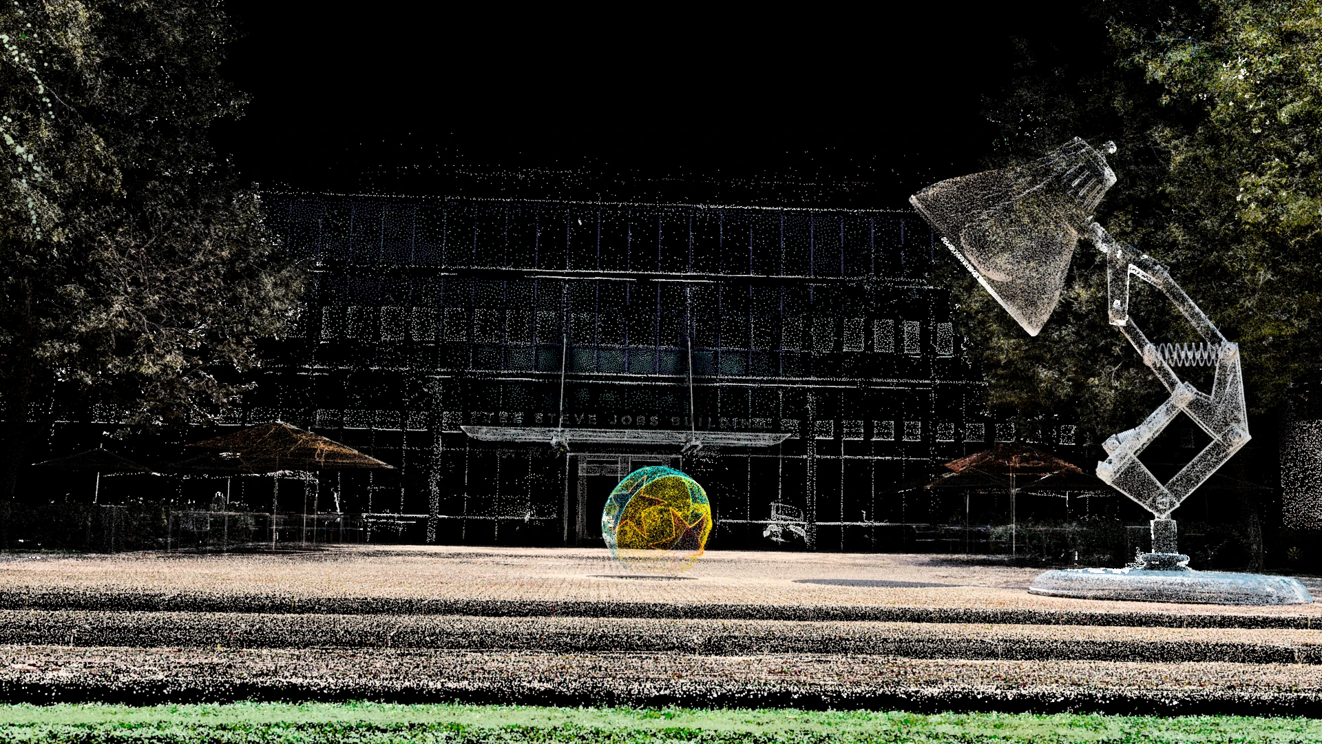 The captured Pixar plaza with its individual splats revealed.