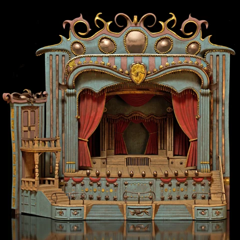 An ornate VR-sculpted vaudeville theater by Dylan Sisson, with red curtains and turquoise and gold details.