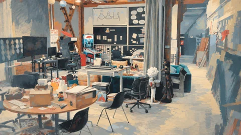 A painterly Gaussian-splat rendering of a studio interior by Dylan Sisson, with tables, chairs, and equipment.