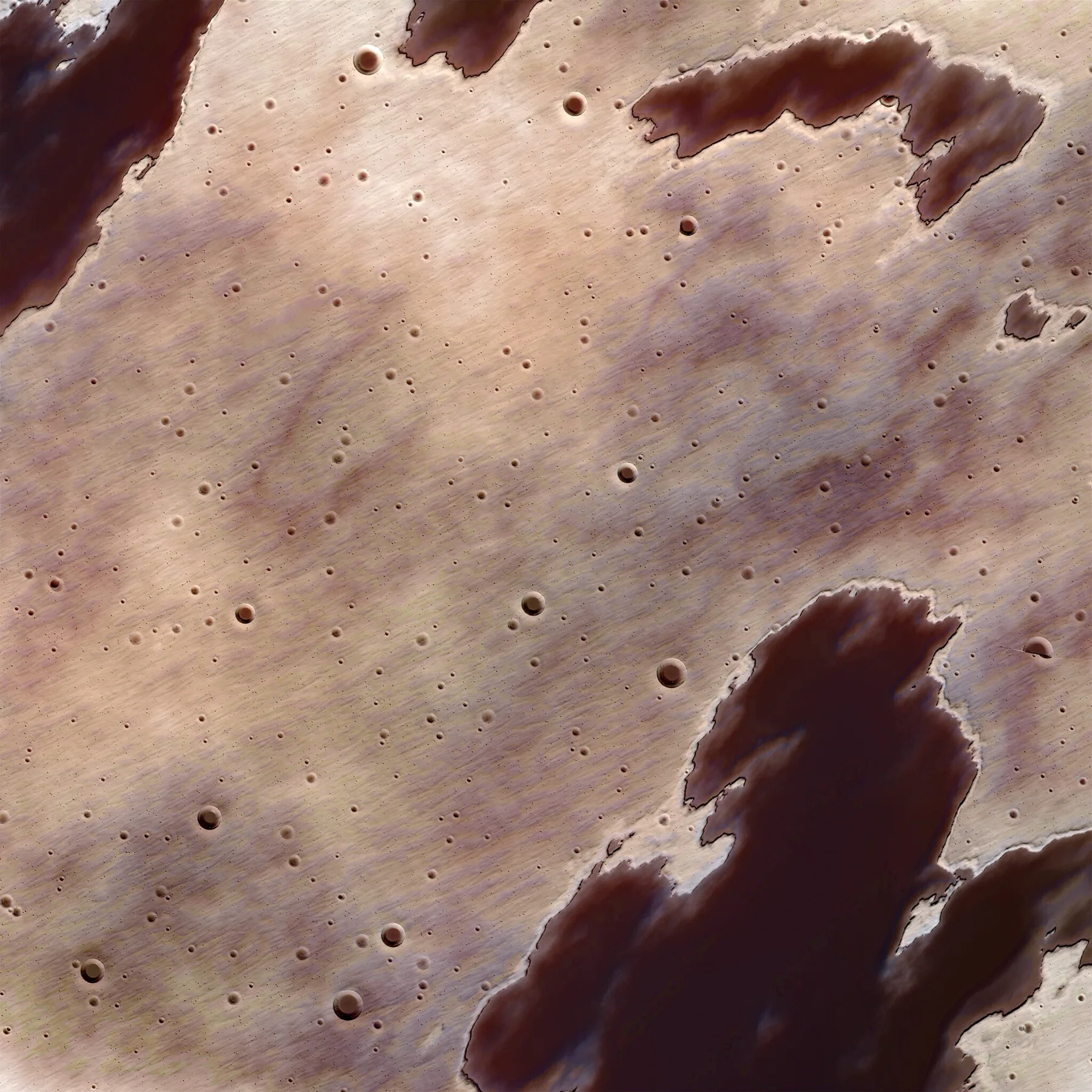 A cream procedural field scattered with round pits and bordered by dark brown land-like forms.