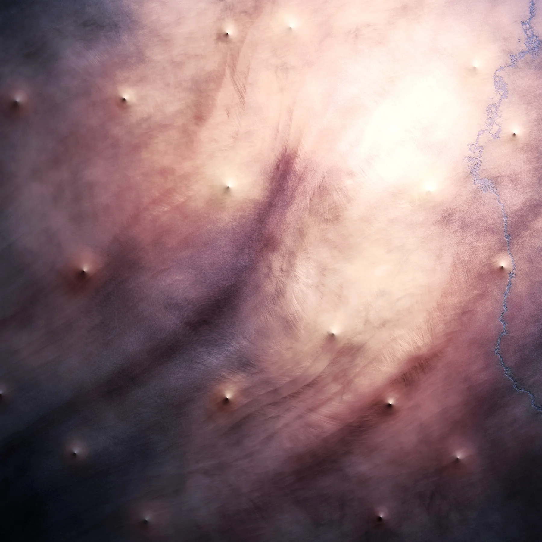 A pale rose and violet procedural landscape with small raised points and a fine blue fissure.