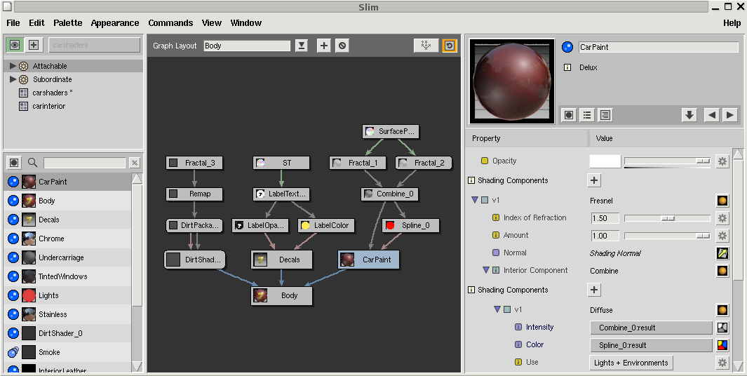 The Slim shader editor interface showing a network of connected material nodes, a shader preview, and editable properties.