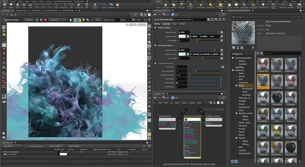Houdini interface showing The Unsullied in an interactive RenderMan render region, with Marschner hair controls and a small shading network.