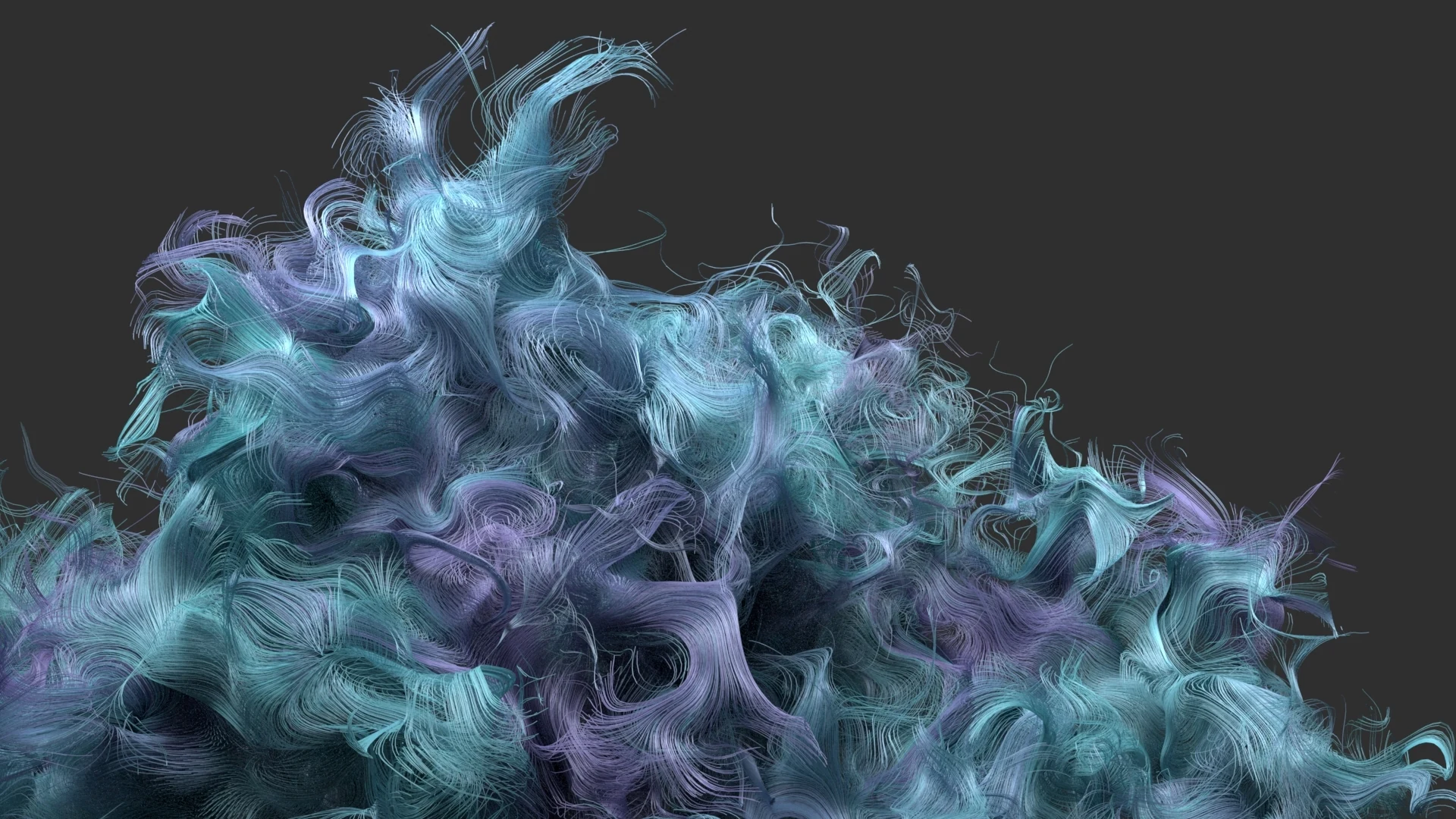 A dense mass of flowing blue, turquoise, and violet procedural hair curves on a dark gray background.