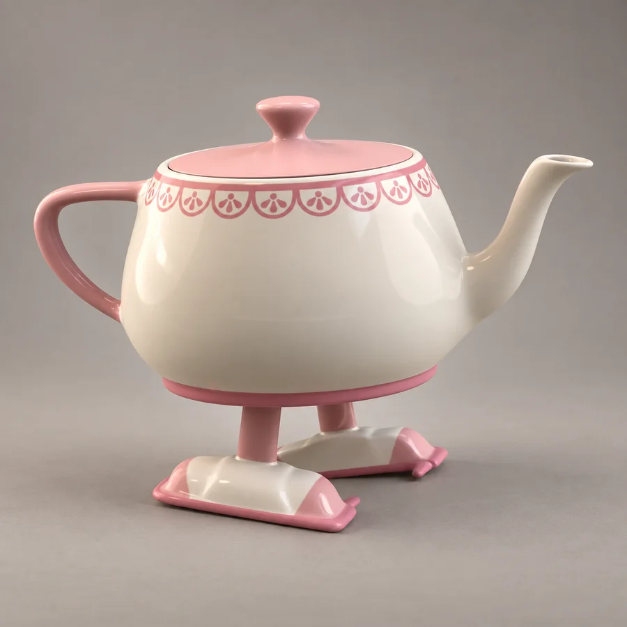 The pink and ivory Walking Teapot with a decorative border and matching feet.