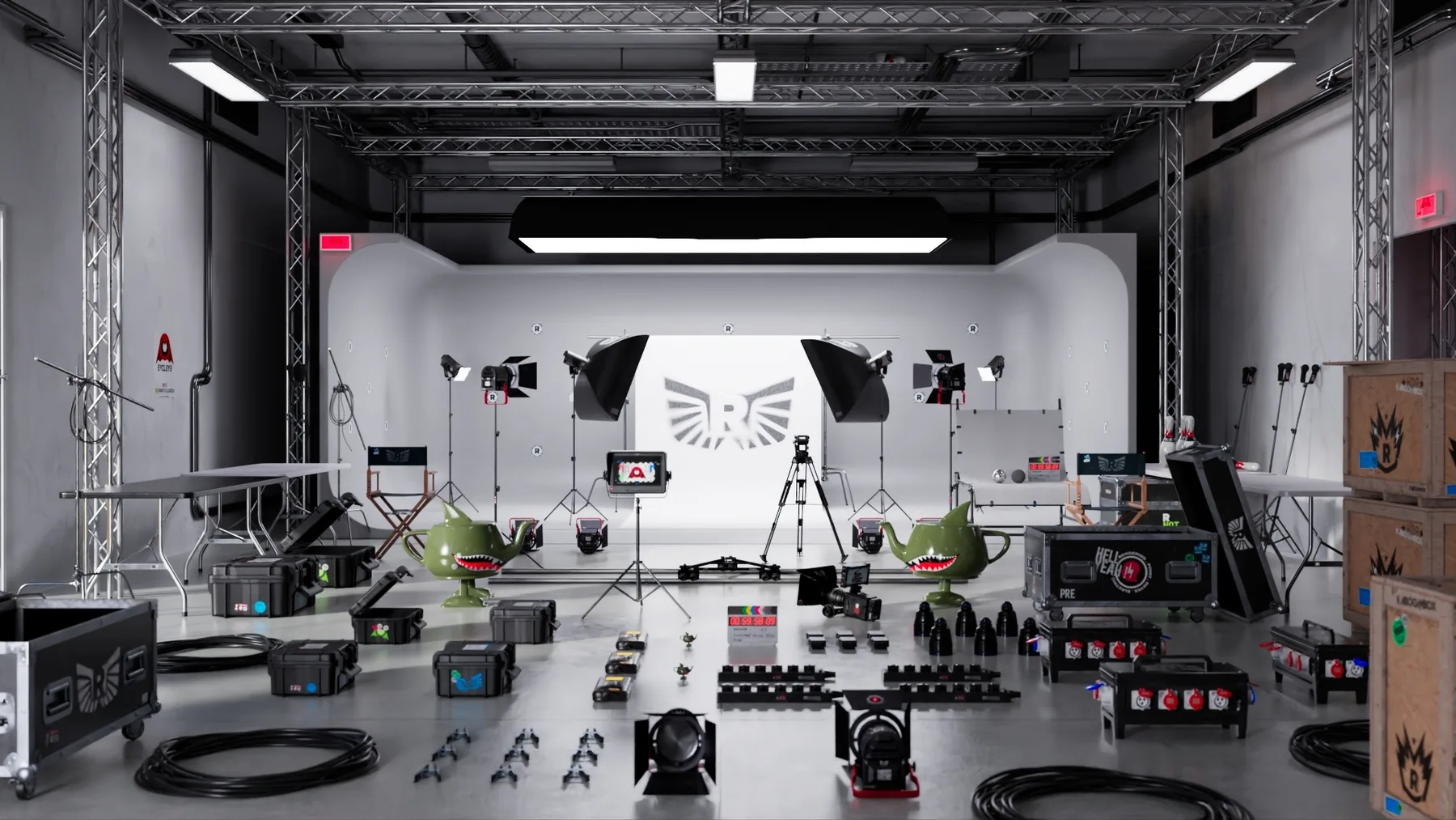 A photorealistic RenderMan studio test scene containing lights, cameras, equipment cases, and green teapot characters.