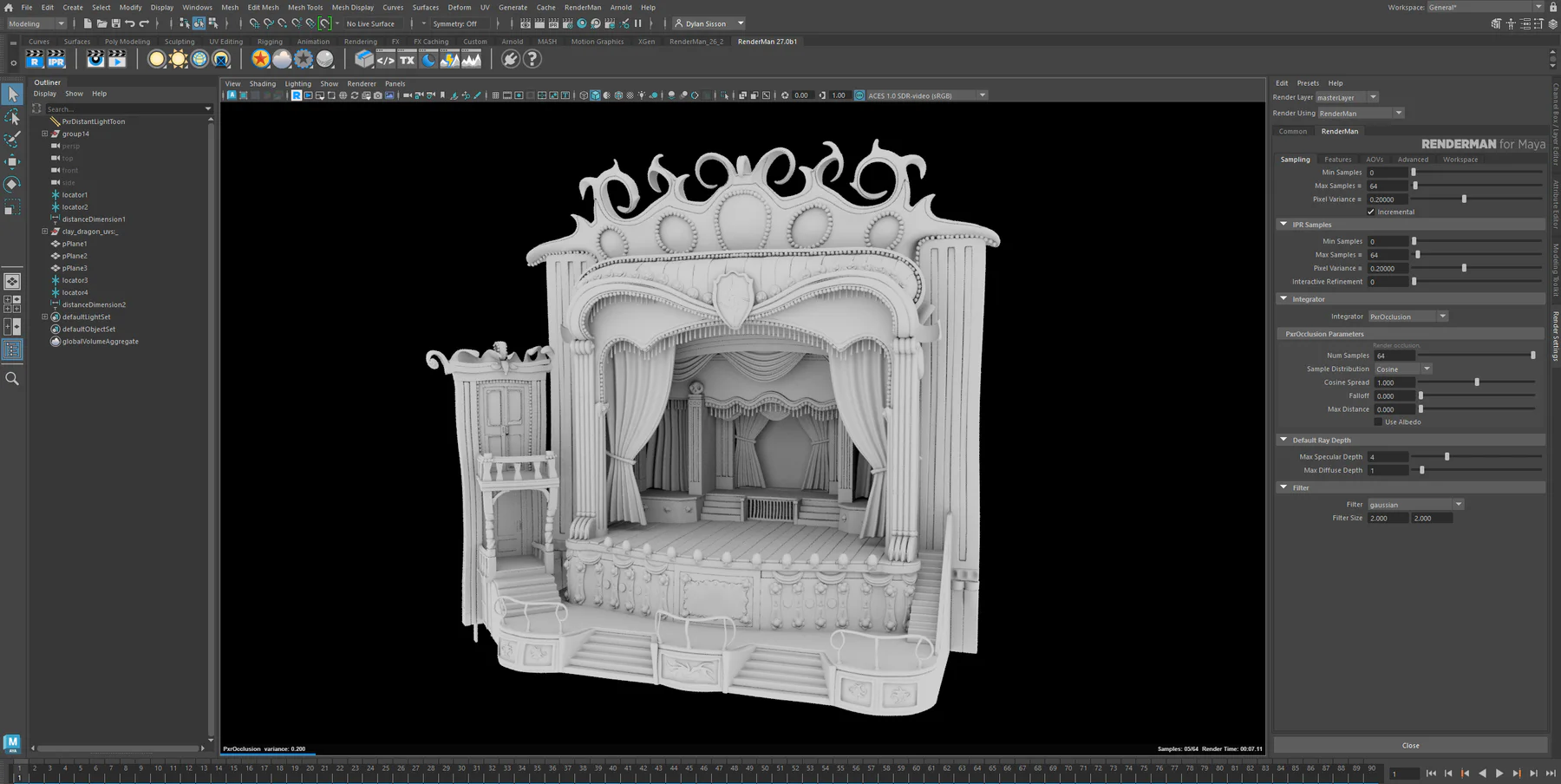 The cream-colored vaudeville theater model rendered without textures against a neutral background.