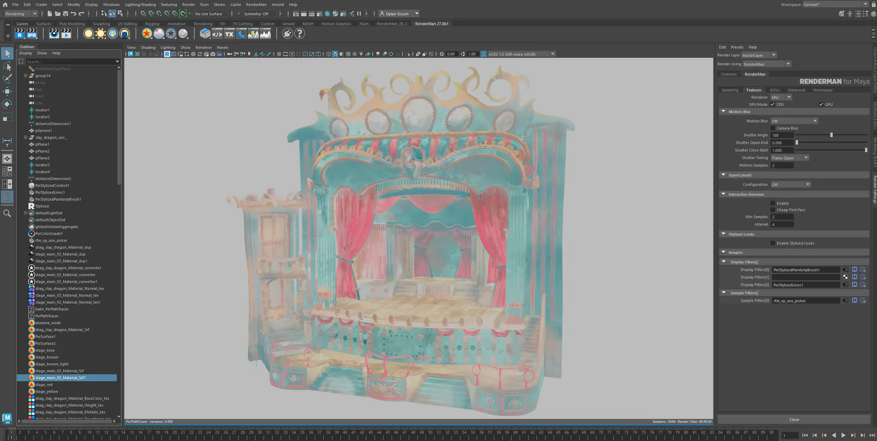 The theater model covered in hand-painted turquoise, coral, and tan watercolor textures.