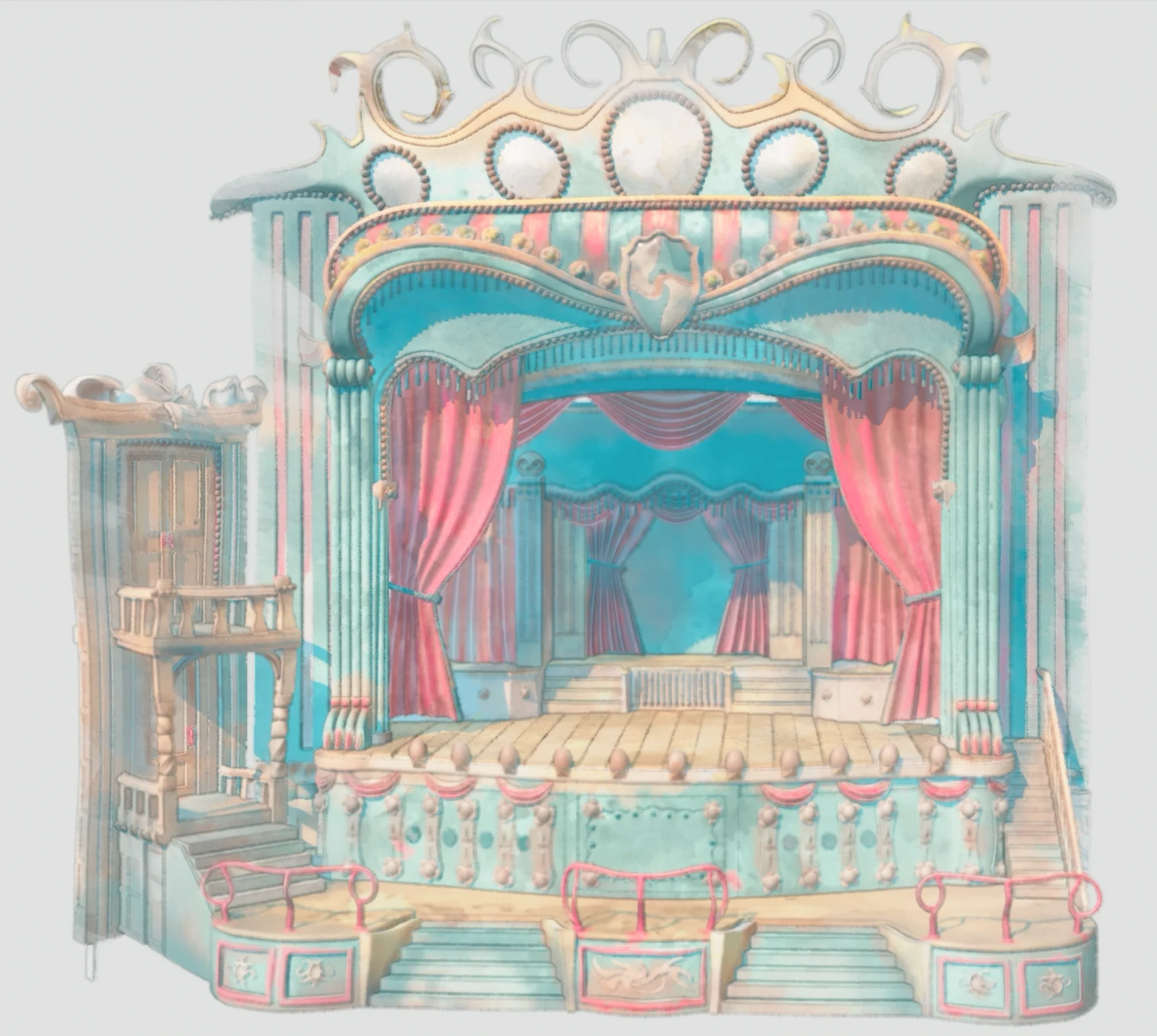 A whimsical vaudeville theater rendered like a pale turquoise, coral, and ochre watercolor painting.