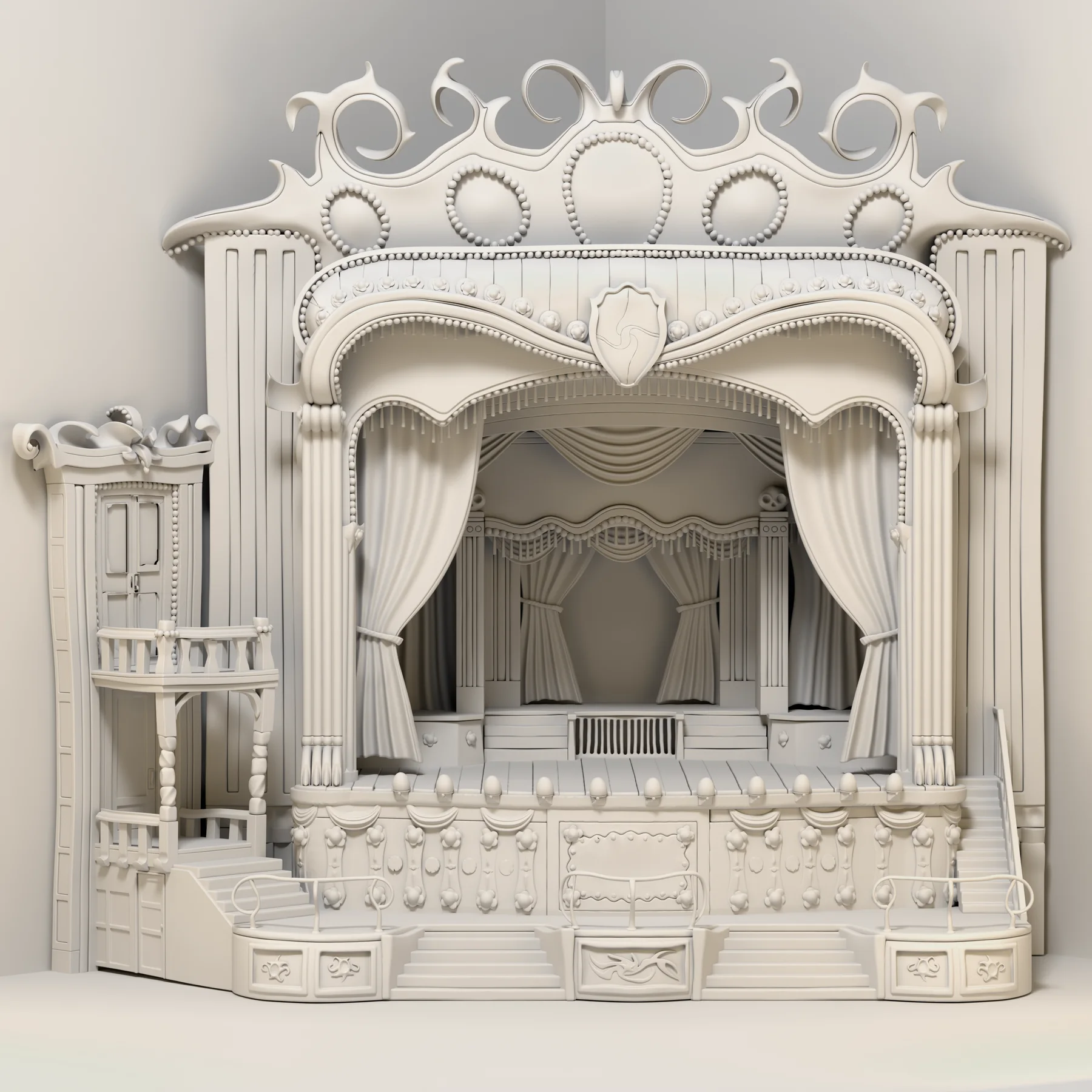 The complete vaudeville theater rendered as an untextured white model.