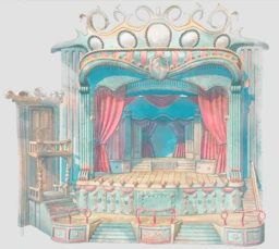 A whimsical vaudeville theater rendered like a pale turquoise, coral, and ochre watercolor painting.